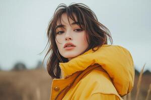 A woman in a yellow jacket standing in a field photo