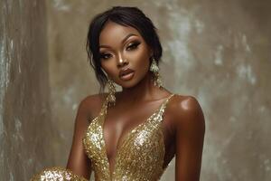A beautiful black woman in a gold dress photo