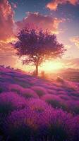 Lavender field with tree at sunset photo