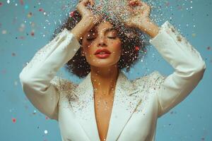 A woman in a white suit with confetti falling from her head photo