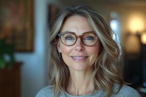 A woman with glasses and a gray sweater photo