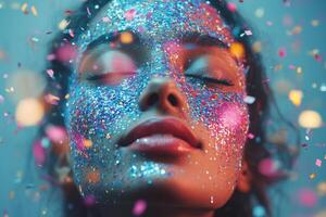A woman with glitter on her face and confetti falling photo
