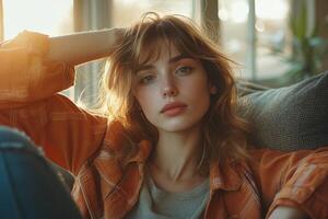 A woman sitting on a couch with her head resting on her hand photo