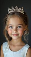 A little girl wearing a tiara on her head photo