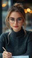 A woman in glasses is writing on a piece of paper photo