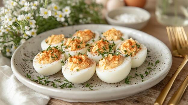 Deviled eggs with cheese and herbs on a plate photo