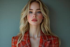 A beautiful blonde woman in a red plaid jacket photo