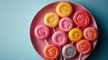 Colorful lollipops on a plate on a blue background photo