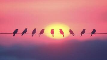 Birds on a wire at sunset photo
