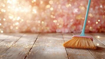 A broom on a wooden floor with a pink background photo