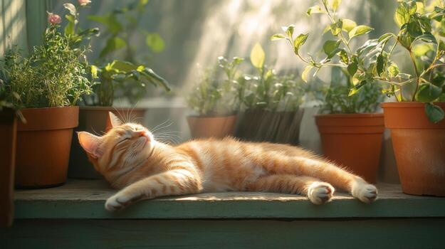 A cat laying on a window sill next to potted plants photo