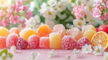 Gummy bears and oranges on a pink table photo