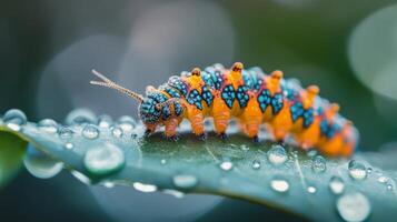 A colorful caterpillar sits on a leaf with water droplets photo