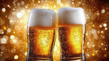 Two glasses of beer are toasting on a golden background photo