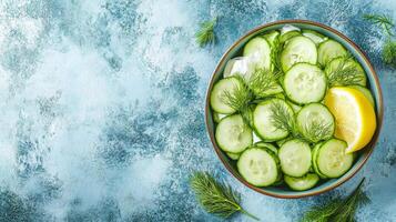 A bowl of cucumbers and lemon slices on a blue background photo