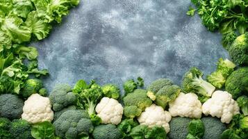 Fresh broccoli, cauliflower and cabbage on a blue background photo