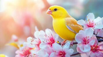 Canary bird on cherry blossom tree photo
