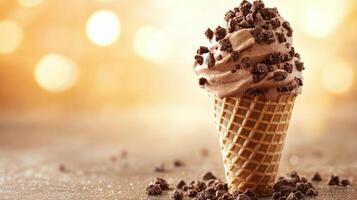 Chocolate ice cream in a waffle cone with chocolate chips photo