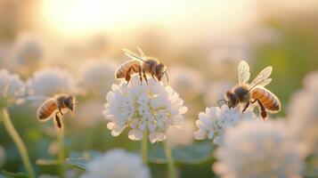 Bees on white clover flowers photo