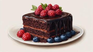 A piece of chocolate cake with berries on top photo