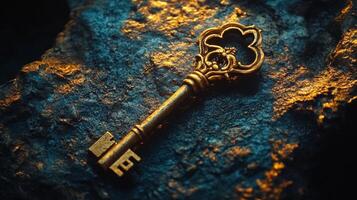 An old key laying on a rock photo