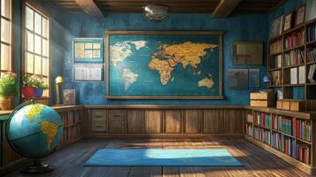 A room with books and a map on the wall photo