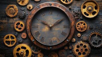 A clock surrounded by gears and cogs photo