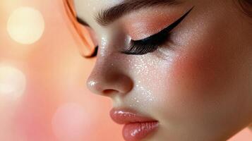 A woman with bright makeup and eyelashes photo