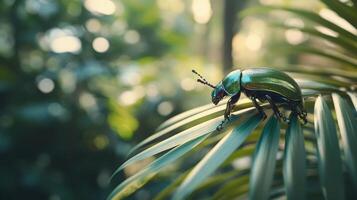 A green beetle is sitting on a palm leaf photo