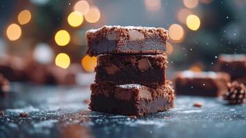 A stack of brownies with snow on top photo