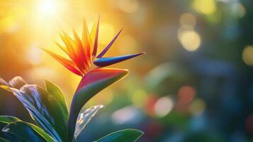 Bird of paradise flower with sun shining through photo