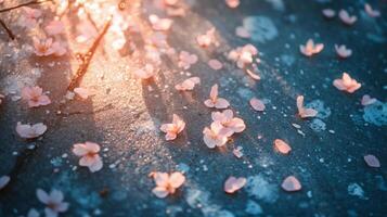 Cherry blossoms on the ground photo
