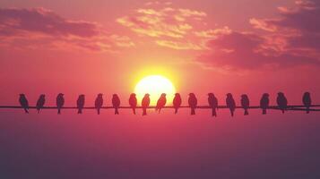 Birds on a wire at sunset photo