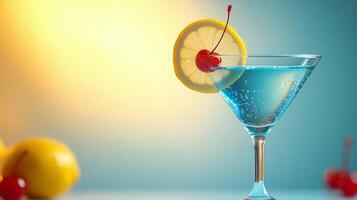 Blue cocktail with lemon and cherry on the rim photo