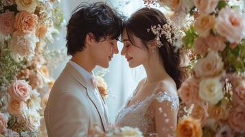 A newly married couple in front of a floral arch photo