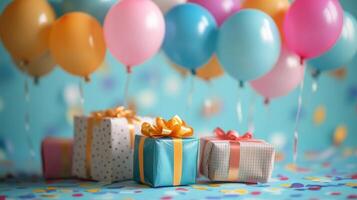 Birthday party with balloons and gifts on blue background photo