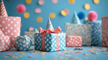 Birthday party gift boxes with polka dot party hats and confetti photo