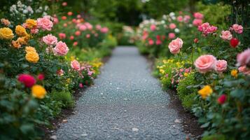 A pathway through a garden with many different types of flowers photo