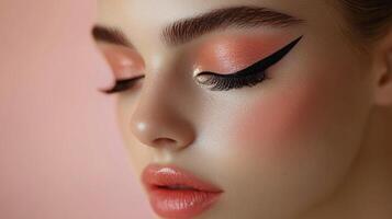 A woman with bright makeup and eyelashes photo