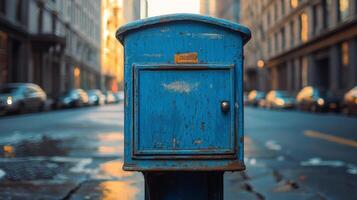 Rusty blue mailbox standing alone on a quiet street surrounded by autumn leaves photo
