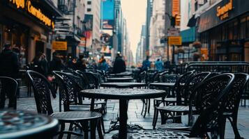 Outdoor dining scene with empty tables in a charming street lined with trees during daytime photo