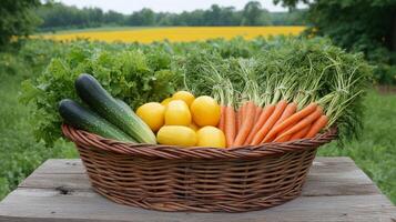 A basket of vegetables sitting on a wooden table photo