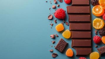 Dark chocolate bars surrounded by colorful fruit and candy on a blue background photo