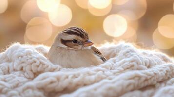 A small bird is sitting on a blanket photo