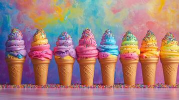 Soft serve ice cream cones in pastel colors arranged in a dessert shop setting with playful decor photo