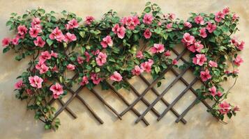 A wall with pink flowers growing on it photo