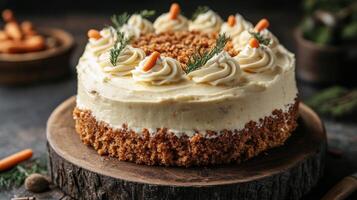 A carrot cake with cream frosting and fresh herbs photo