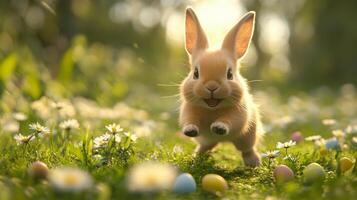 A small brown rabbit running through a field of flowers photo