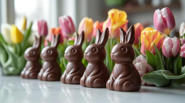 Chocolate bunnies are lined up in a row photo