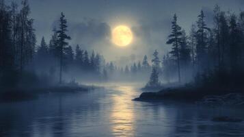 A full moon is shining over a river at night photo